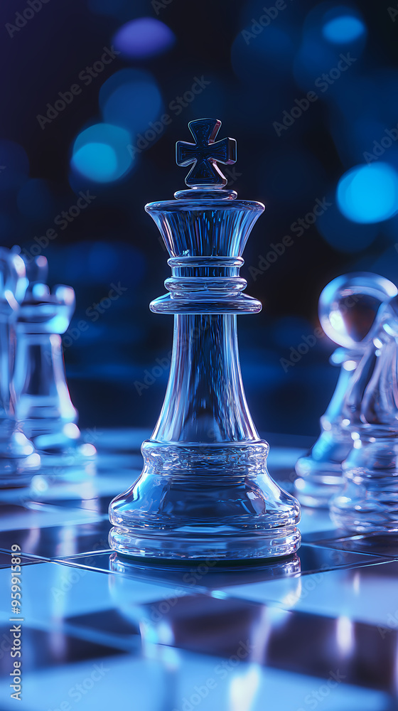 Ethereal chess scene with glass pieces on a blurred background Ethereal chess scene with glass pieces on a blurred background