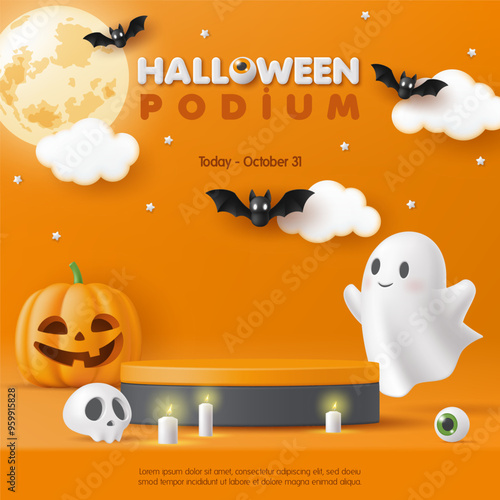 3D Happy Halloween product podium banner. Pumpkin, moon, skull, cute ghost on orange background. Spooky decoration party, scary greeting card, promotion sale website, social media post. Trick or treat