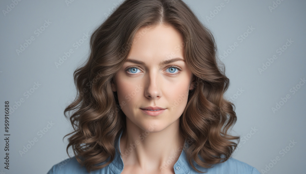 Portrait of a Young Girl with Curly Hair in a Blue Shirt During an Indoor Photoshoot Against a Grey Background Portrait of a Young Girl with Curly Hair in a Blue Shirt During an Indoor Photoshoot Against a Grey Background