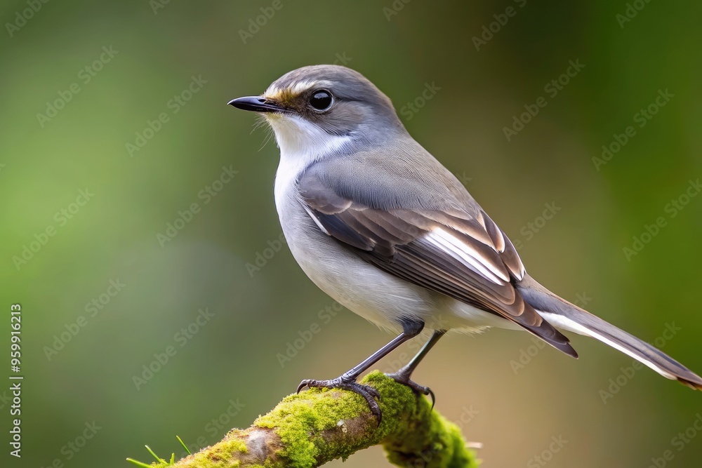 A sleek grey and white bird with a distinctive white patch on its wings, brown back, and long, dark tail feathers, perches on a branch. A sleek grey and white bird with a distinctive white patch on its wings, brown back, and long, dark tail feathers, perches on a branch.