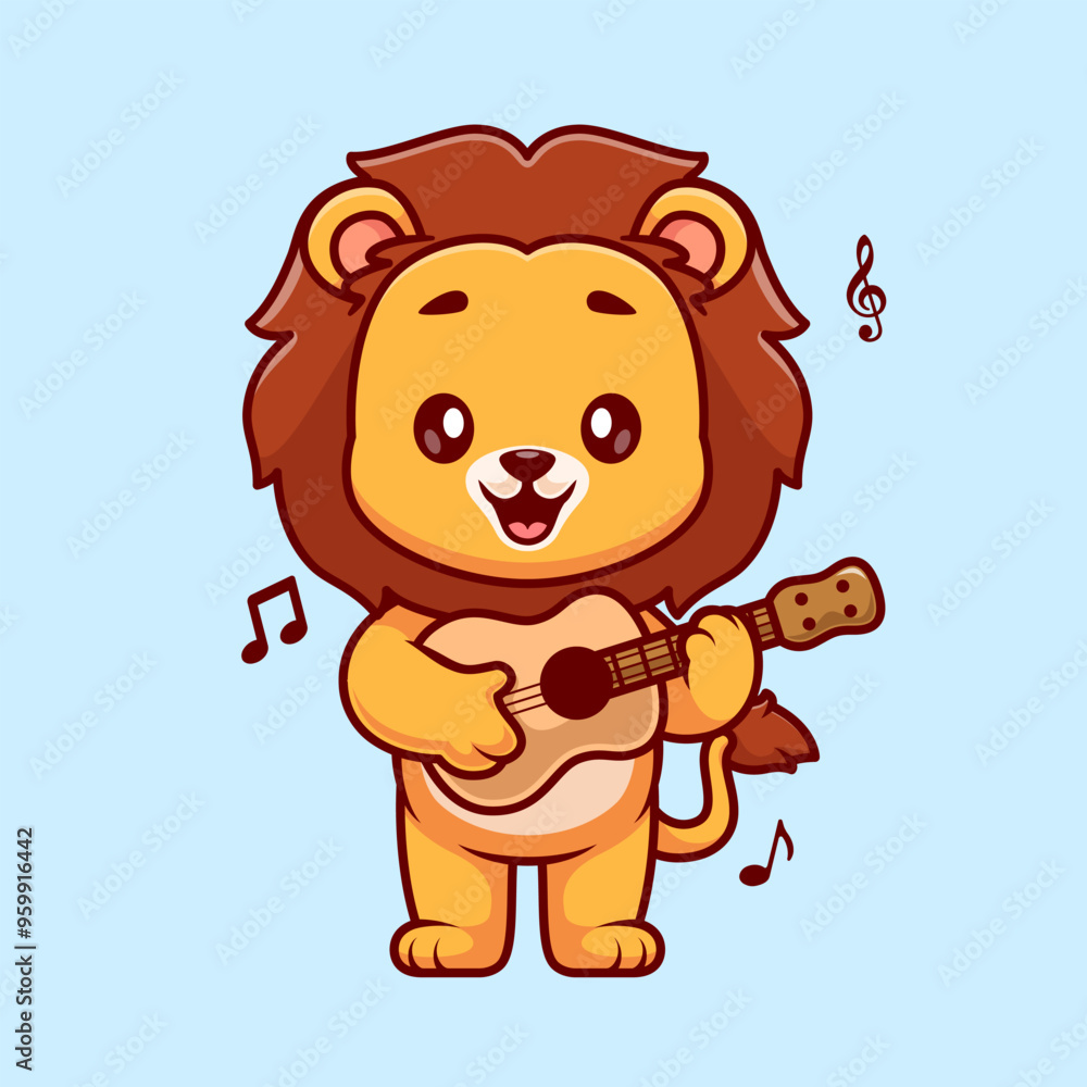 Obraz premium Cute Lion Playing Guitar Cartoon Vector Icon Illustration. Animal Music Icon Concept Isolated Premium Vector. Flat Cartoon Style