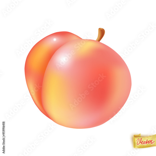 Peach fruit  flying on soft pink backround, realistic element. Vector juicy art