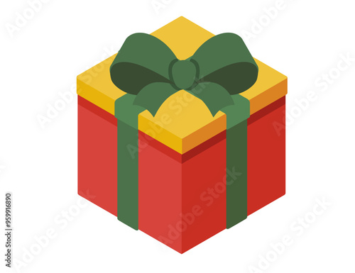 Gift box in isometric style. Surprise present with green bow and ribbon. Red wrapping box. Vector illustration isolated on white background