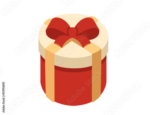 Gift box in isometric style. Surprise present with red bow and golden ribbon. Red wrapping box. Vector illustration isolated on white background