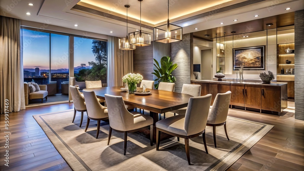 In a modern Las Vegas residence, a stylish dining room features beautiful furniture and warm accent lighting, perfect In a modern Las Vegas residence, a stylish dining room features beautiful furniture and warm accent lighting, perfect