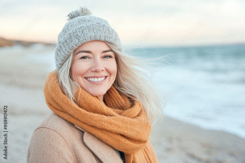 Portrait in the beach of a pleased 50 years old woman in fall. Lifestyle portrait photography of a satisfied woman in her 50s against a beach background. Portrait in the beach of a pleased 50 years old woman in fall. Lifestyle portrait photography of a satisfied woman in her 50s against a beach background.