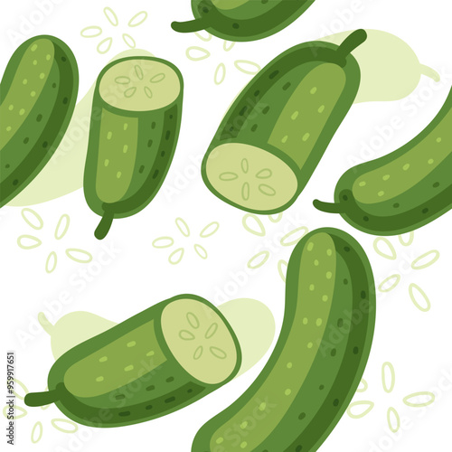 Seamless pattern green cucumber. Repeatable wallpaper. Whole and sliced vegetable. Healthy eating veggie. Flat vector illustration on white background
