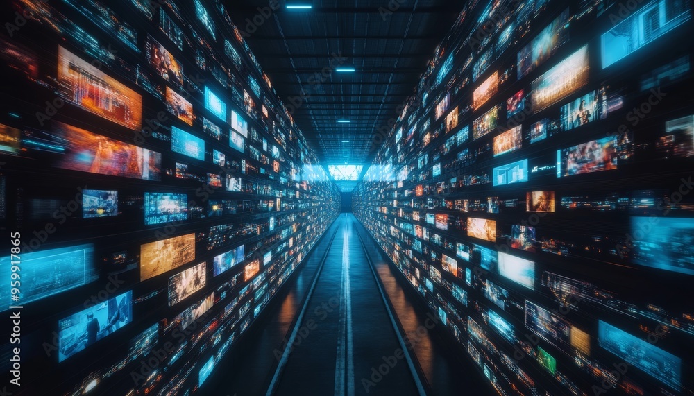 Futuristic Corridor with Luminous Screens Displaying Digital Content, Technology and Entertainment. Futuristic Corridor with Luminous Screens Displaying Digital Content, Technology and Entertainment.