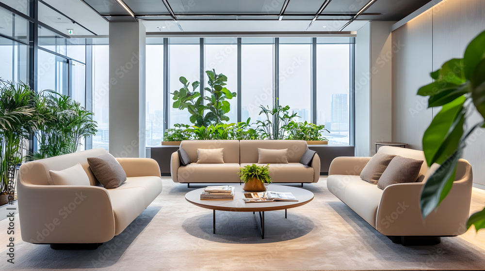 Fototapeta premium Modern office lounge with sleek furniture and large windows, natural light and soft ambient lighting