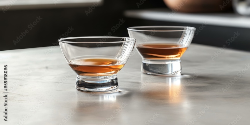 Two glasses of amber liquid on a table. Two glasses of amber liquid on a table.