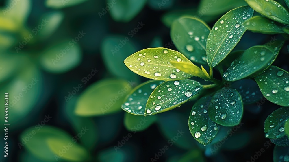 Fototapeta premium Close Up of Dew Drops on Lush Green Leaves, Nature's Beauty in Simple Moments