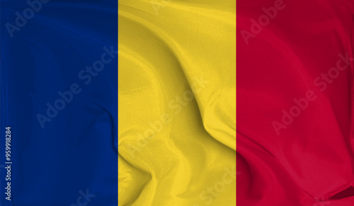 Fotografie An up close view of Romania flag flying textures