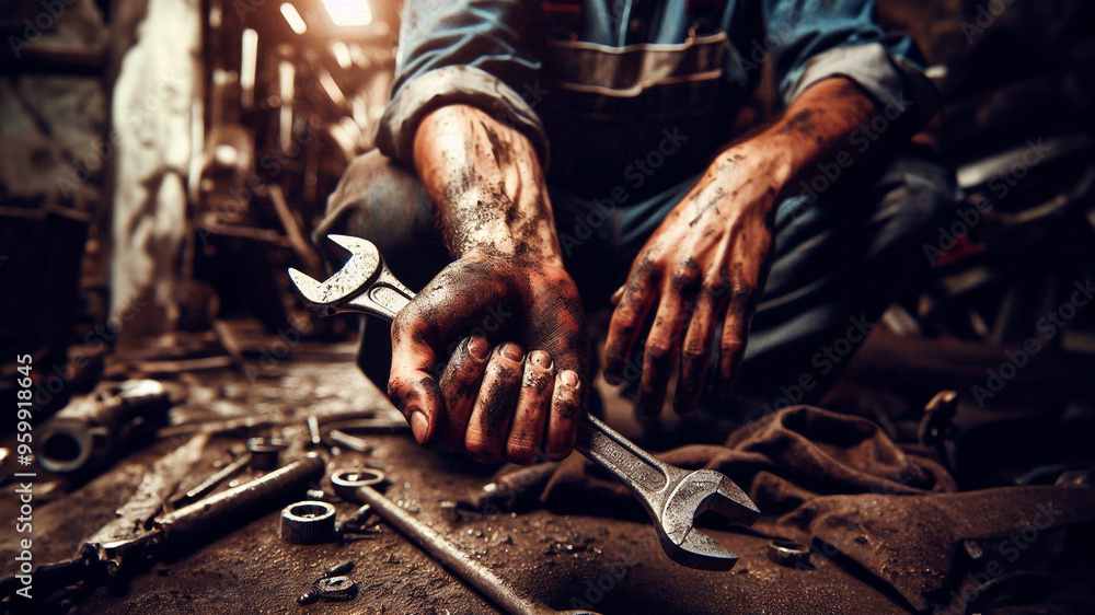 Close up of dirty hand of worker holding wrench after hard day at work Close up of dirty hand of worker holding wrench after hard day at work