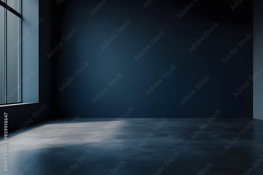 Empty room with dark blue wall and smooth concrete floor, moody lighting casting subtle reflections Empty room with dark blue wall and smooth concrete floor, moody lighting casting subtle reflections