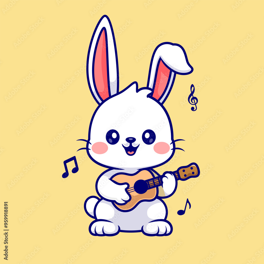 Fototapeta premium Cute Rabbit Playing Guitar Cartoon Vector Icon Illustration. Animal Music Icon Concept Isolated Premium Vector. Flat Cartoon Style