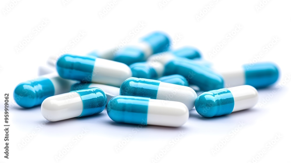 Dual-Tone Pharmaceutical Array: Light Blue and off-White Pills on Sterile Background, Emphasizing Medicinal Range Dual-Tone Pharmaceutical Array: Light Blue and off-White Pills on Sterile Background, Emphasizing Medicinal Range