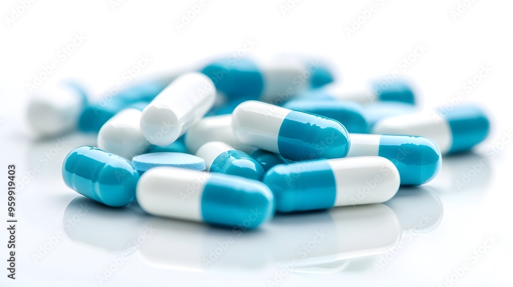 Dual-Tone Pharmaceutical Array: Light Blue and off-White Pills on Sterile Background, Emphasizing Medicinal Range Dual-Tone Pharmaceutical Array: Light Blue and off-White Pills on Sterile Background, Emphasizing Medicinal Range