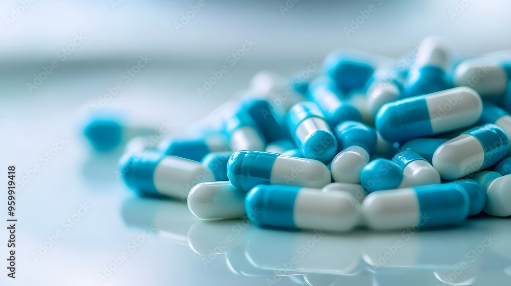 Dual-Tone Pharmaceutical Array: Light Blue and off-White Pills on Sterile Background, Emphasizing Medicinal Range Dual-Tone Pharmaceutical Array: Light Blue and off-White Pills on Sterile Background, Emphasizing Medicinal Range