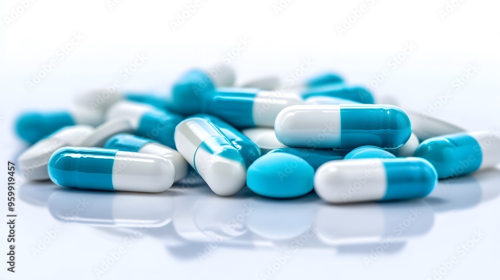 Dual-Tone Pharmaceutical Array: Light Blue and off-White Pills on Sterile Background, Emphasizing Medicinal Range Dual-Tone Pharmaceutical Array: Light Blue and off-White Pills on Sterile Background, Emphasizing Medicinal Range