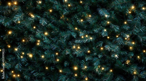 A dark green pine tree wall with small white lights Christmas background