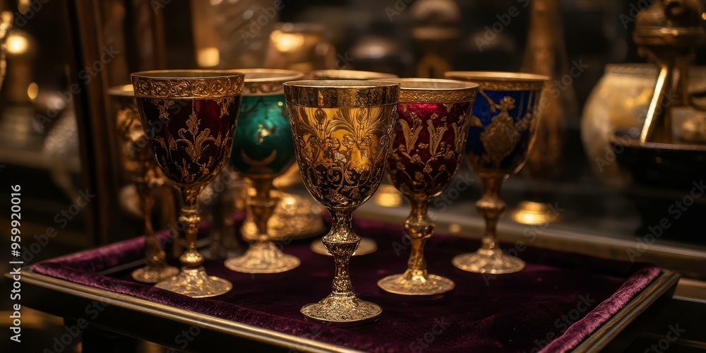Fototapeta premium Ornate golden goblets on maroon velvet tray.
