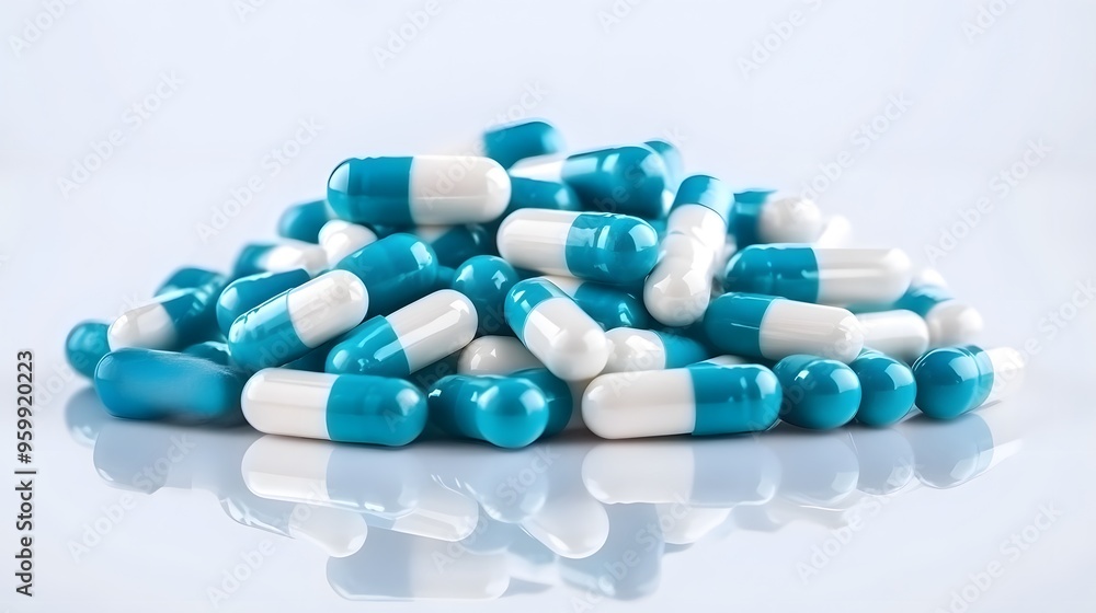 Dual-Tone Pharmaceutical Array: Light Blue and off-White Pills on Sterile Background, Emphasizing Medicinal Range Dual-Tone Pharmaceutical Array: Light Blue and off-White Pills on Sterile Background, Emphasizing Medicinal Range