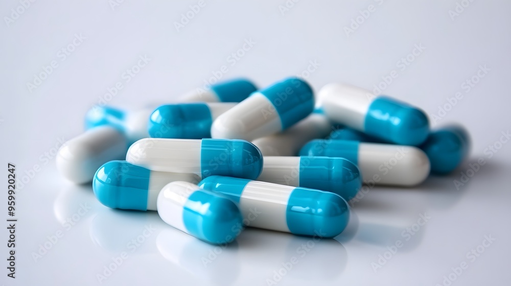 Dual-Tone Pharmaceutical Array: Light Blue and off-White Pills on Sterile Background, Emphasizing Medicinal Range