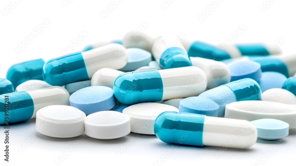 Dual-Tone Pharmaceutical Array: Light Blue and off-White Pills on Sterile Background, Emphasizing Medicinal Range Dual-Tone Pharmaceutical Array: Light Blue and off-White Pills on Sterile Background, Emphasizing Medicinal Range