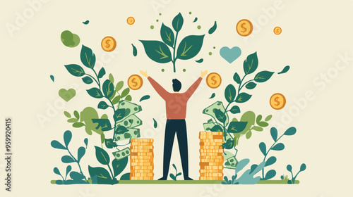 Financial growth concept. Young businessman earn more profit, make money from cryptocurrency
