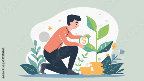 Financial growth concept. Young businessman earn more profit, make money from cryptocurrency