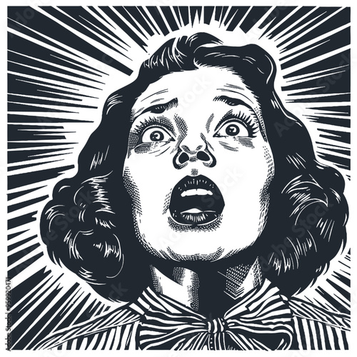 A dramatic vector illustration of a woman with a shocked expression, depicted in an engraving style.
