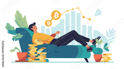 Financial growth concept. Young businessman earn more profit, make money from cryptocurrency