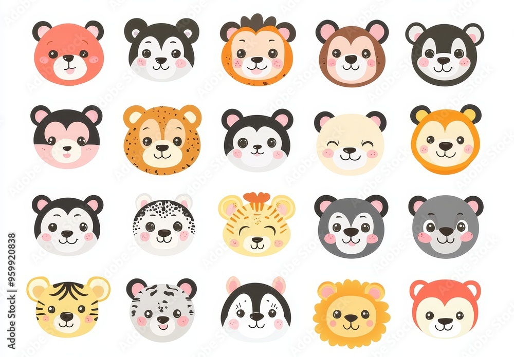 Fun modern illustration of chibi wild animals in safari style. Fun modern illustration of chibi wild animals in safari style.