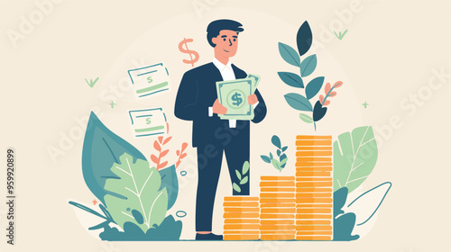 Financial growth concept. Young businessman earn more profit, make money from cryptocurrency