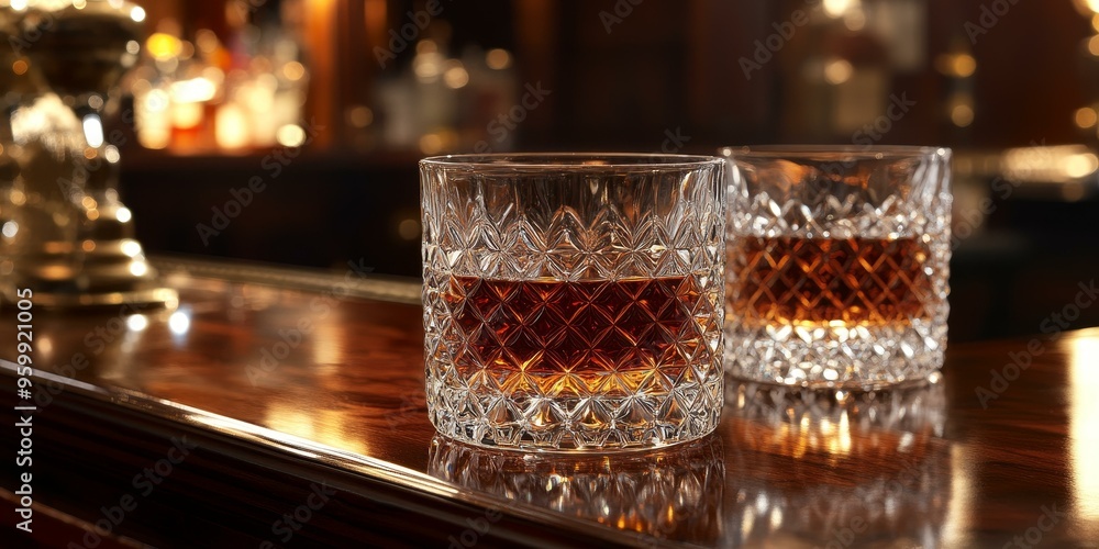 Two glasses of whiskey on a bar counter. Two glasses of whiskey on a bar counter.