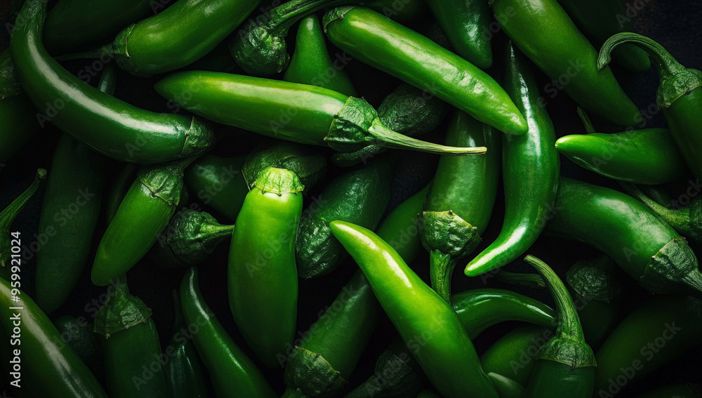 A close-up image of fresh green chili peppers, arranged in a heap, with a dark background. A close-up image of fresh green chili peppers, arranged in a heap, with a dark background.