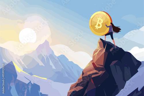 Ambitious Businesswoman Pushing Large Dollar Coin Up a Steep Mountain, Symbolizing Financial Goals and Success