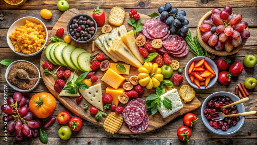 A vibrant and abundant table setting featuring a diverse array of fresh fruits, cheeses, crackers, and charcuterie, artfully arranged on a rustic wooden surface. A vibrant and abundant table setting featuring a diverse array of fresh fruits, cheeses, crackers, and charcuterie, artfully arranged on a rustic wooden surface.
