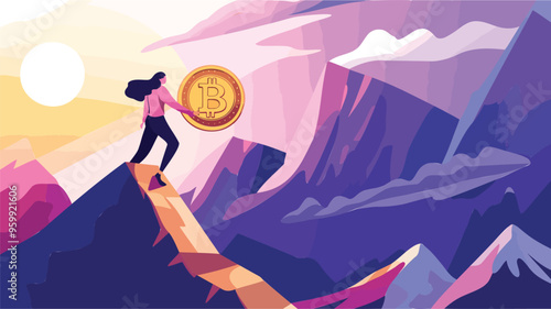 Ambitious Businesswoman Pushing Large Dollar Coin Up a Steep Mountain, Symbolizing Financial Goals and Success