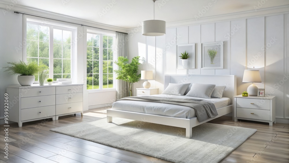 Fototapeta premium In this minimalist space, clean-lined white furniture floats effortlessly, its simplicity elevated by the room's