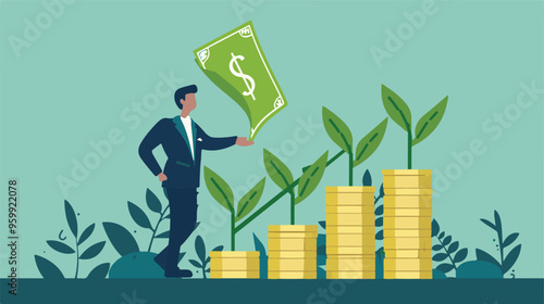 Financial growth concept. Young businessman earn more profit, make money from cryptocurrency