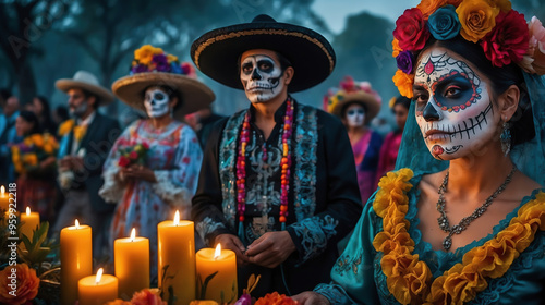 Personas celebrando el Día de Muertos con maquillaje de Catrina y vestimenta tradicional en un ritual con velas photo