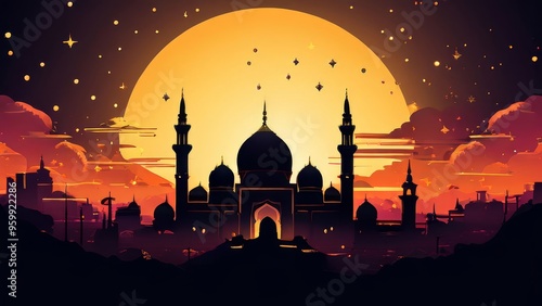 A silhouette of a mosque with a large moon in the background. The mosque is in the center of the image, with a cityscape behind it. The moon is a bright orange color with stars in the sky.