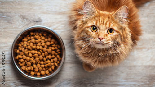 Orange cat sitting near dry food from a bowl