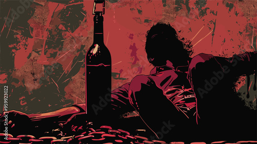 Alcoholic man chained to wine bottle, depicting addiction, hangover and unhealthy lifestyle