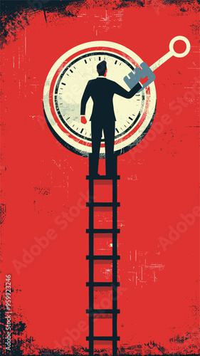 Business Achievement Concept: Confident Businessman with Key Climbing Corporate Ladder to Reach Target