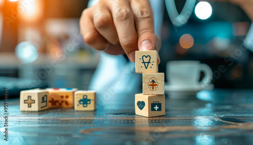 Building a health-themed tower with wooden blocks in a modern workspace during daylight hours