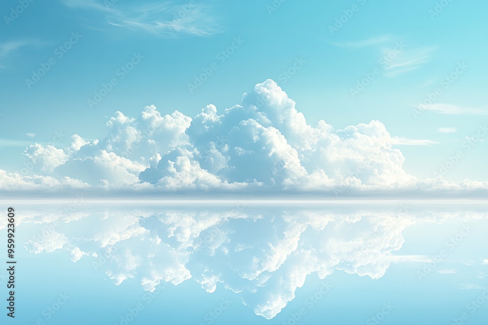 A serene sky with fluffy clouds reflecting on calm water, creating a peaceful and tranquil landscape. A serene sky with fluffy clouds reflecting on calm water, creating a peaceful and tranquil landscape.