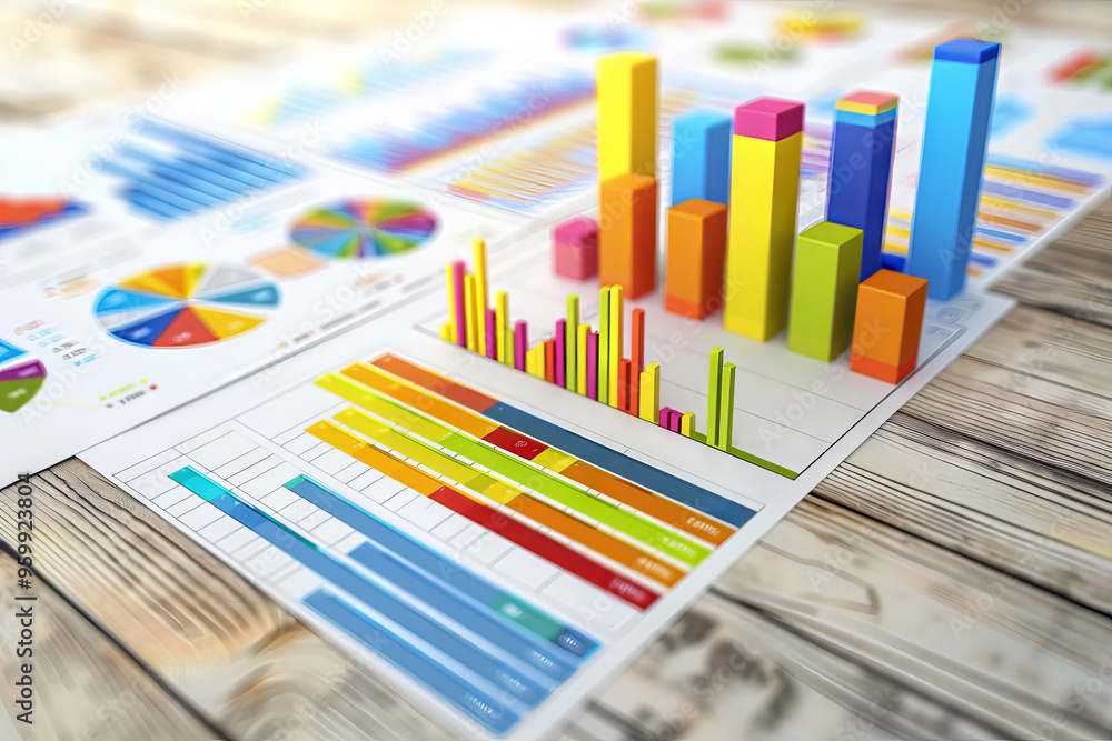 Colorful financial bar and charts on a business report with graphs Colorful financial bar and charts on a business report with graphs