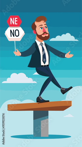 Ambitious businessman balancing on seesaw between yes and no decisions for negotiation